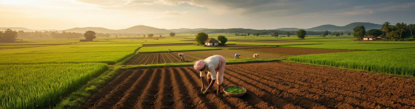 Farmer working in a field with a scenic landscape and sunset.